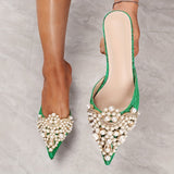 Chic Pearl-Embellished Women's Kitten Heels - Elegant Pointed Toe, Glitter Moire Summer Wedding Pumps