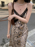 kamames Snake Print Summer Brown Backless Long Slip Dress Women Deep V Neck Lace Sexy Spaghetti Strap Midi Ladies Club Dress