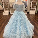 Ruffles Candy Color Girl Pageant Dress  Feather Crystals Pearls Little Kid Birthday Formal Party Gown Infant Toddler Teens Tiny Young Junior Miss Aqua Pink Lilac