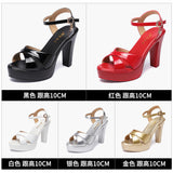 kamames Platform Sandals Women's Thick Heels Summer New Lacquered Leather Large-Size Women's Shoes 4143 Sexy Fairy Style Dress High Heels