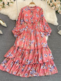 kamames Vintage Floral Chiffon Long Dress Elegant O-Neck Puff Sleeve High Waist A-Line Ruffle Hem Vacation Beach Maxi Vestidos