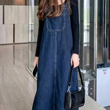 Effortless Chic Midi Denim Pinafore Dress - Versatile, Durable with Front Pockets for Spring/Fall