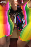 kamames Spaghetti Strap Sexy V-neck Women Dress 2023 New Party Off Shoulder Summer Rainbow Stripe Dress Bodycon Party Dress