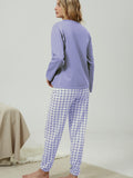 Plaid Print Pocket Crew Neck Long Pajamas Set, Casual Long Sleeve Pajama Top & Comfortable Long Pant, Women's Loungewear & Sleepwear