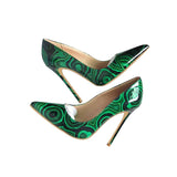 kamames green printed party wedding shoes ladies pumps womens heels shoes fashion 12 cm stilleto pointed toe heels QP015 ROVICIYA