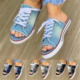 kamames summer open-toe fish mouth denim lace-up shoes casual flat shoes ladies large canvas slippers