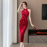 kamames Autumn New French Vintage Red Sleeveless Velvet Midi Dresses Women Elegant Chic Jacquard Beading Sexy Slim Female Clothing