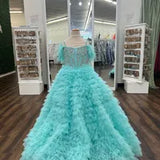 Ruffles Candy Color Girl Pageant Dress  Feather Crystals Pearls Little Kid Birthday Formal Party Gown Infant Toddler Teens Tiny Young Junior Miss Aqua Pink Lilac