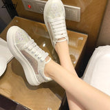 kamames Women Breathable Mesh Sneakers 2023 Summer Sparkling Crystal Flat Shoes Ladies Comfortable Platform Lace Up Casual Shoes