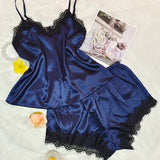 Romantic Satin Pajama Set for Women - Luxurious Lace Trim, Adjustable Spaghetti Straps, Soft Nightwear for Comfortable, Dreamy Slumber