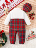 Boys' 2pcs Christmas Party Outfit Set - Red Plaid Long Sleeve Romper with Bow Tie & Hat, Casual School Style for Fall/Winter, Perfect for Outdoor