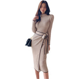 Zingj Patchwork Slim Woman Dress Vintage Full Sleeve Knitted Midi Dress Women Autumn Winter Elegant Sweater Knit Dress 2021