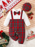 Boys' 2pcs Christmas Party Outfit Set - Red Plaid Long Sleeve Romper with Bow Tie & Hat, Casual School Style for Fall/Winter, Perfect for Outdoor