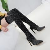 kamames Knee Boots 2022 Luxury Woman Shoes Rhinestone Pointed Toe Sexy High Heels Plus Size 43 Thigh High Sock Botas De Mujer