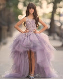 Lovely Lavender Little Girls Pageant Dress Princess Lace Applique Handmade Flowers Backless Flower Girl Dresses BA4206