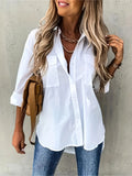 Plus Size Lapel Collar Shirt - Soft Cotton Blend, Slight Stretch, Pocket Detail, Casual High Low Hem - Perfect for Spring & Summer, Womens Comfortable Everyday Wear