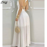 kamames Summer Ruffle Hem Open Back Slit Maxi White Dress Sleeveless Elegant Casual Lace Up Sexy Vacation Solid Long Ladies Dress