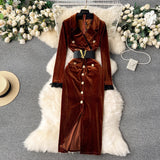 kamames Retro Long-Sleeved Gold Velvet Dress Women's High-End Light Extravagant Suit Collar Waist Metal Button Medium Dress