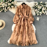 Zingj Zingj Style Dress Women's 2024 New Heavy Industry Embroidery Hollowed-Out Flower Buckle Slim Medium-Long Bubble Sleeve Dress