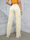 Womens High-Waist Cargo Pants - Loose-Fit, Wide-Leg Design with Flap Pockets - Casual Sporty Jeans for Activewear