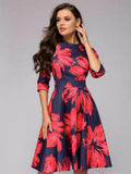 kamames pleated tunic print dress women Elegant ladies A line dresses Long sleeve female autumn mixi party dress vestidos