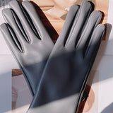 Simple Monochrome PU Leather Gloves Short Velvet Lined Warm Gloves Autumn Winter Windproof Riding Gloves