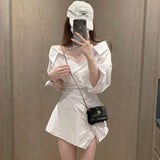 kamames Sleeve Dresses Women Fashion New Sexy Ladies Off Shoulder White Solid Summer Female Mini Dress Leisure V-neck BF Irregular