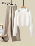 kamames Fall Winter Knitwear Two Piece Sets For Women Outfits Ladies Elegant Diamond Sequined Knitted Sweater And Warm Pants Sets