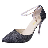 kamames Women Summer 2024 New Korean Version Of The Pearl One-Word Buckle Pointed Sexy Stiletto High-Heeled Shoes