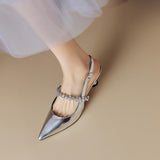 kamames Show Thin ~ French Diamond Silver Pointed Behind Empty Mary Jane Small Leather Shoes Small Heel Baotou Sandals Women Summer