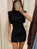 kamames Shiny Sequin Mini Dress Women Elegant High Waist Slim A-line Dresses 2024 New Female Party Club Robes