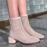 kamames Beige Women Knee High Boots Fashion Zipper Breathable Mesh Boots Sexy Hollow Chunky Heel Long Boots Summer Shoes