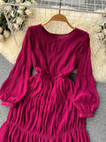 kamames Autumn Women Draped Chiffin Dress Femael Vintage Round Neck Puff Long Sleeve High Waist A-Line Loose Pleated Robe New
