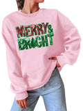 Merry & Bright Sequin Christmas Sweatshirt for Women - Casual Crew Neck Pullover with Festive Lettering, Soft Cotton Blend, Machine Washable