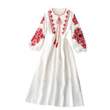 kamames kamames Embroidery Flowers Round Collar Lantern Sleeves Wrinkled Loose Show Thin Dress Women