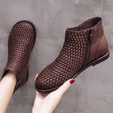 GKTINOO Boots Women short boots Woven cowhide Flat casual shoes Autumn and winter flat ankle boots brown Black ladies boots