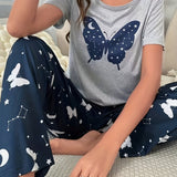 Butterflies in Bloom - Womens Short Sleeve Pajama Set with Round Neck Top & Elastic Pants, Lightweight & Soft Casual Sleepwear for Dreamy Nights