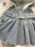 kamames Off the Shoulder Sexy Denim Dress 2023 Strapless Sashes Patchwork Bodycon Dress Ladies Ins Streetwear Short Sundress