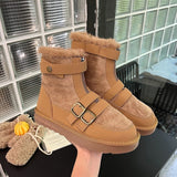 kamames Women Boots Ankle Boots Winter Belt Buckle Punk Ladies Shoes Fashion Zipper Platform Nonslip Snow Boots Winter Warm Cotton Shoes