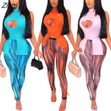 kamames Summer Women Print Tracksuit Two Piece Set Hollow Out Shirt + Long Pants Skinny Sportsuit Clothes For Women Outfit