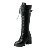 kamames Autumn Lacing Knee High Boots Women Fashion White Square Heel Long Boots Woman Pu Leather Shoes Winter Large Size 43