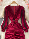 kamames Winter Women Black/Red Draped Bodycon Midi Dress Vintage V-Neck Mesh Patchwork Long Sleeve High Waist Vestidos 2023 New