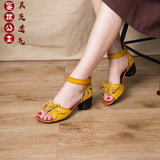 kamames kamames Summer Sandals National Style Leather Women's Shoes Thick Heels Fish Mouth Mother Shoes Middle-Aged Women's Shoes Soft-Soled Women's Sandals