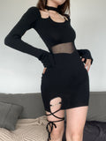 kamames Asymmetrical Fashion Bodycon Halter Neck Black Dress Mini Gothic Lace Up Mesh Spliced Club Sexy Women's Dresses Robe