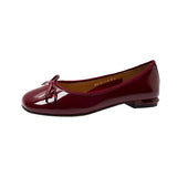 kamames Vintage Bow Knot Lacquered Leather Bean Shoes Women's Flat Soles Summer Autumn Square Head Single Shoes Thick Heels Wine Red