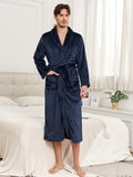 Cozy Solid Color Flannel Robe - Men's Autumn Winter Loungewear with Double Pockets, Lace-Up Closure, Elegant Design - Soft, Plush, and Warm Bathrobe Pajamas for Relaxation