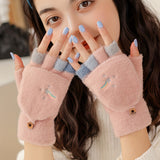 Color Block Plush Knitted Gloves For Women, Stretchy Warm Reversible Gloves, Winter Coldproof Half Finger Gloves For Casual Outdoor Wear