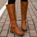 kamames high Boots brown Women Vintage leather Square Heel Zipper knee height buckle Boot Keep Warm Round Toe Shoes British Style
