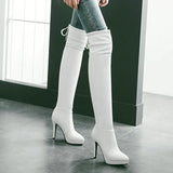 kamames Boots Women Thin High Heel Over The Knee Boots Fashion Platform Pointed Toe Stretch Boots Slip On Autumn Shoes White