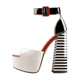 kamames Onlymaker Women's Sandals Platform Peep Toe Chunky Square Heels Ankle Strap Sandals Black And White Stripes Party Fashion Shoes